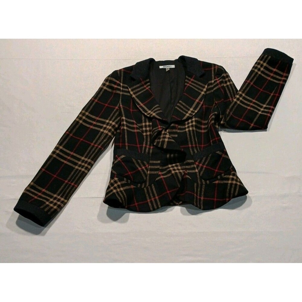 DKNYC Plaid Blazer Jacket Size 6 Wool Blend Ruffle Front Tartan Dark Academia